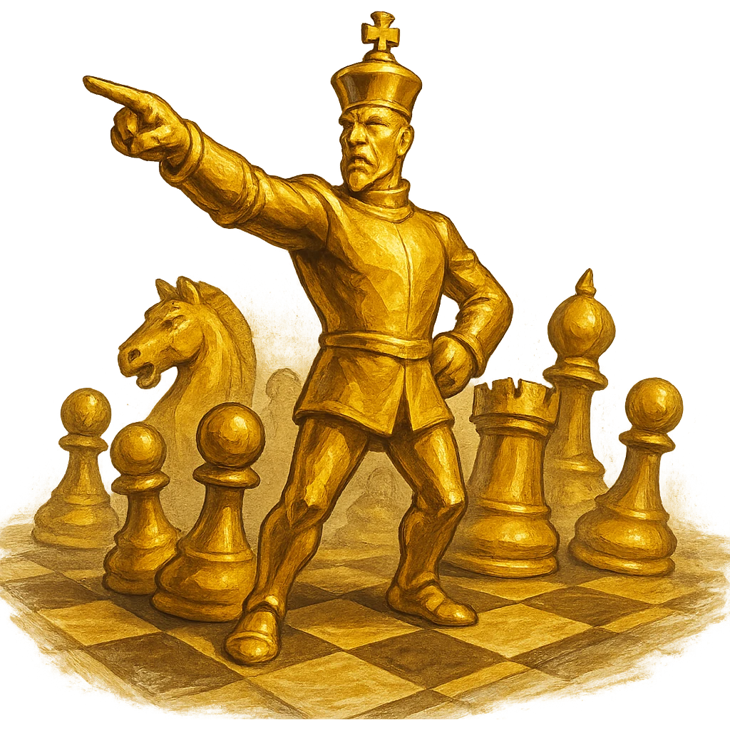 В cлегка рисованной, но при этом объемной, яркой и фотореалистичный стилистике сгенерируй картинку где по центру стоит шахматный король сделанный из качественного золота, он указывает пальцем в даль как военноначальник, а рядом фигуры пешек, конь, ладья, слон идут в атаку, на полу виднеется шахматная доска, фон позади фигур прозрачный фон emoji