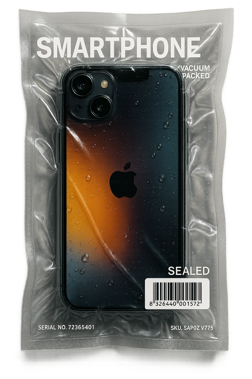 vacuum-sealed smartphone, tightly wrapped in glossy plastic emoji