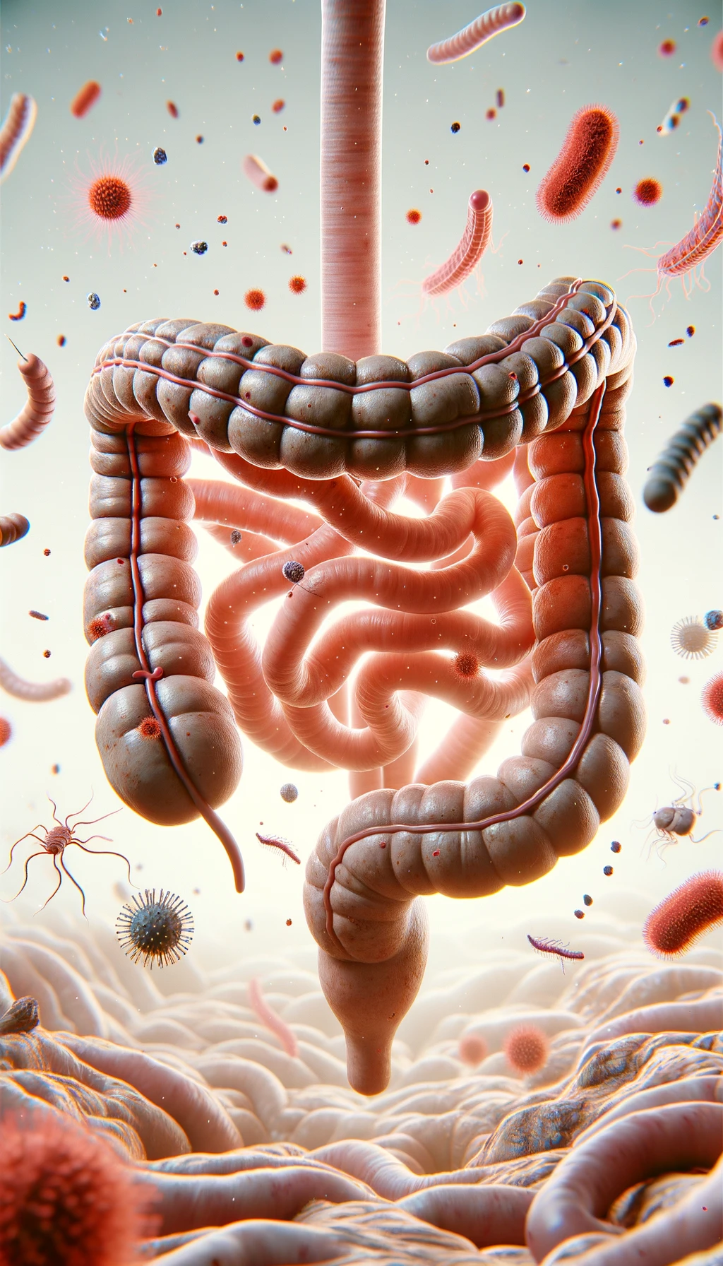 intestino umano realistico con batteri e parassiti che gli fluttuano intorno, sfondo chiaro, iperrealistico 4k emoji