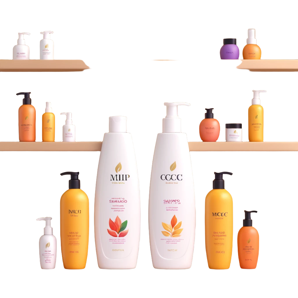 Shampoo bottle, color tube, and conditioner standing on a shelf, products are luxury brand-labeled emoji