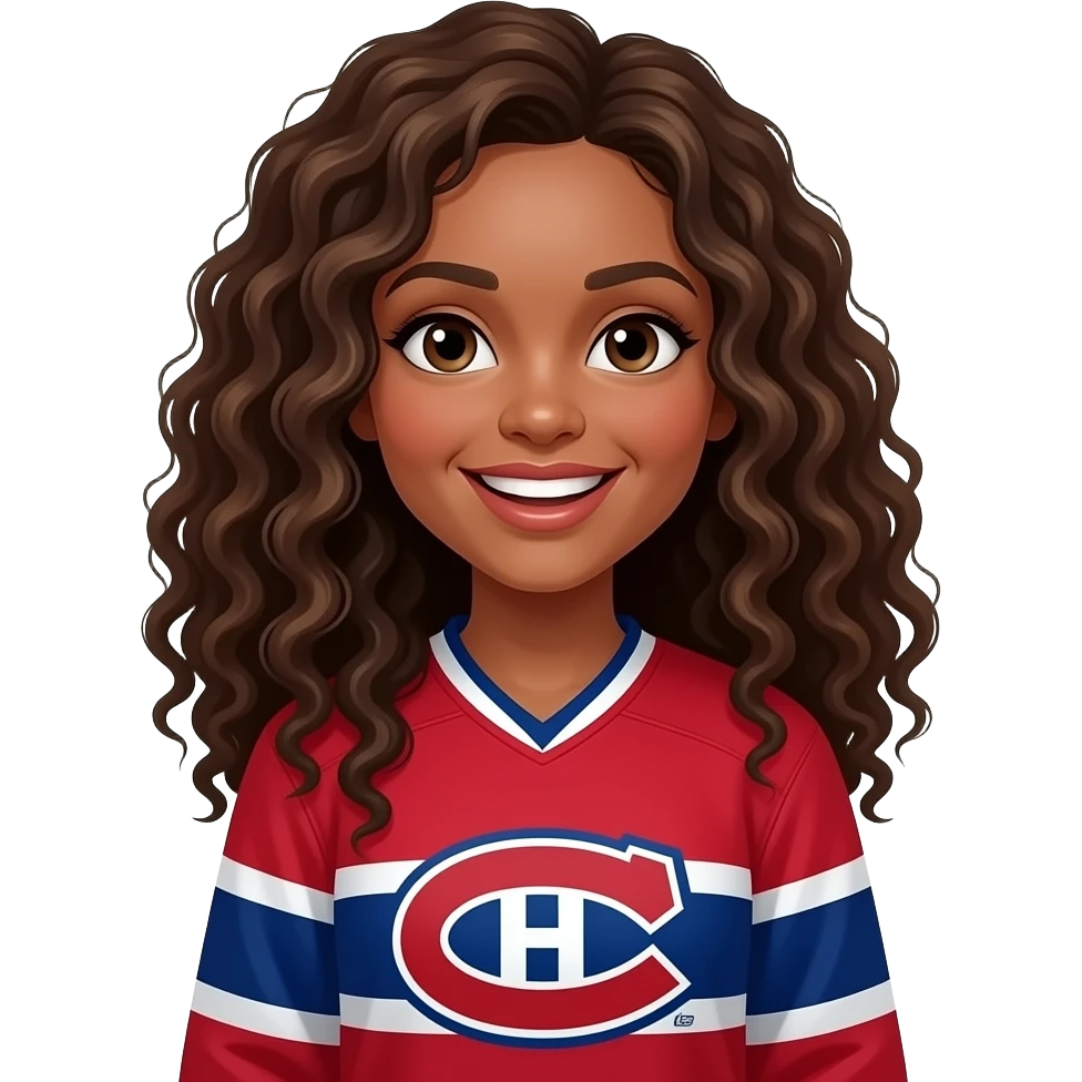 Cheering Habs Canadian fan red jersey emoji, brown lady with  long brown curly hair emoji