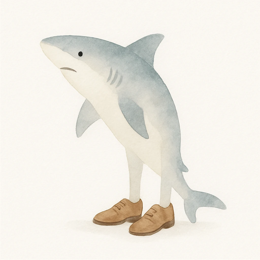 realistic shark wearing shoes, artistic watercolor style emoji