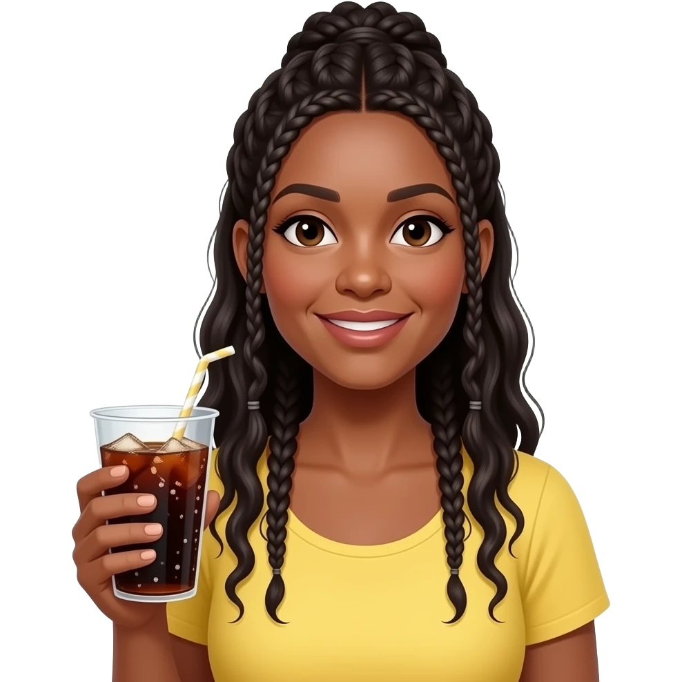professional black woman in her 40s with long thin hair braids pulled some up some down wearing a yellow top and holding cup of soda emoji
