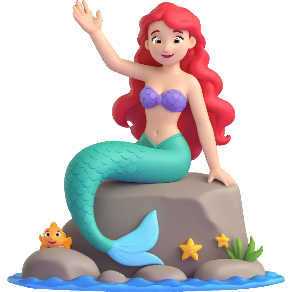 the little mermaid sitting on a rock, waving her hand to the viewer, smiling emoji