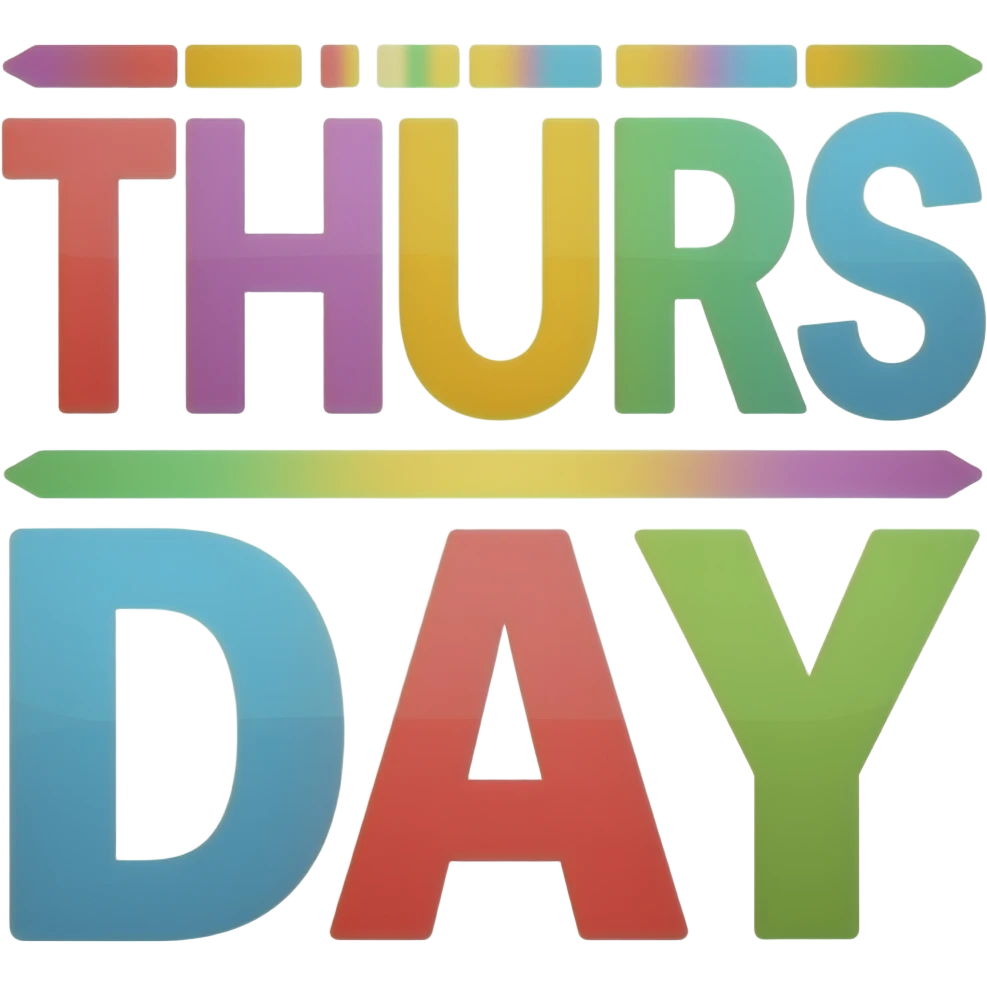 THURS (on one line) and DAY (below it) - colorful and bright, bold text emoji