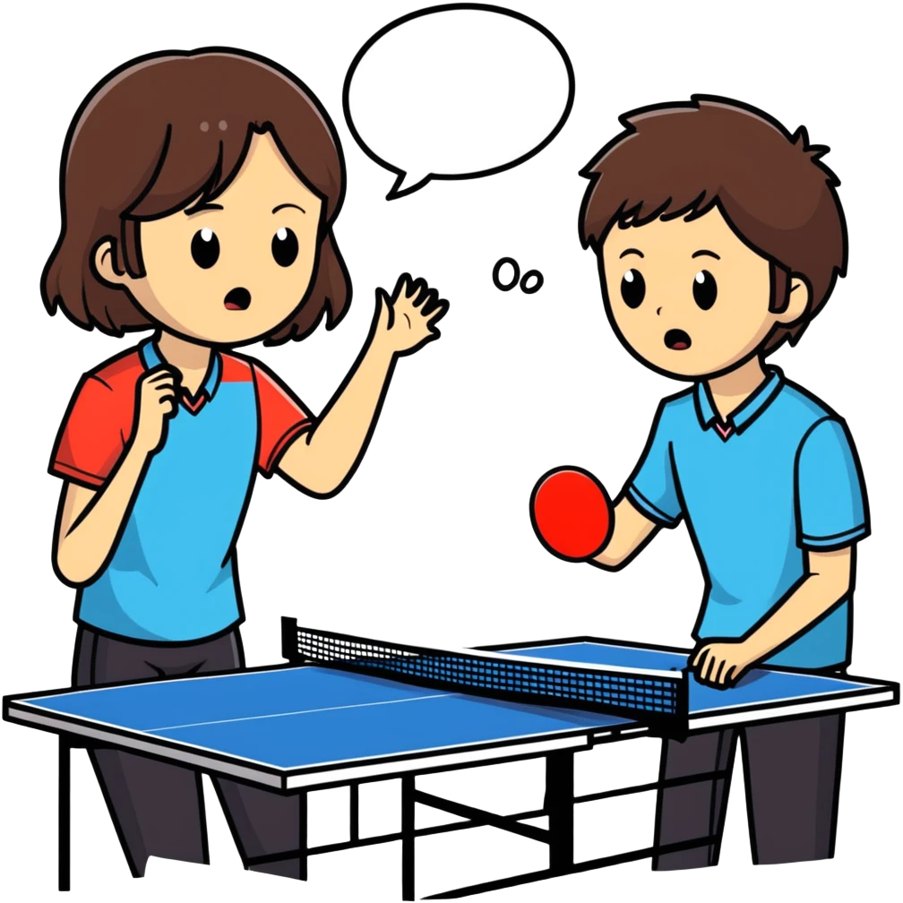 girl with brown hair playing ping pong against guy with dark hair while the guy is crying emoji