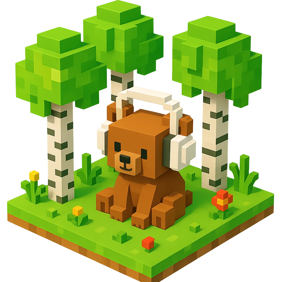 березовый лес, в котором сидит бурый медвежонок в белых наушниках (наушники должны закрывать уши медведя), no background  emoji