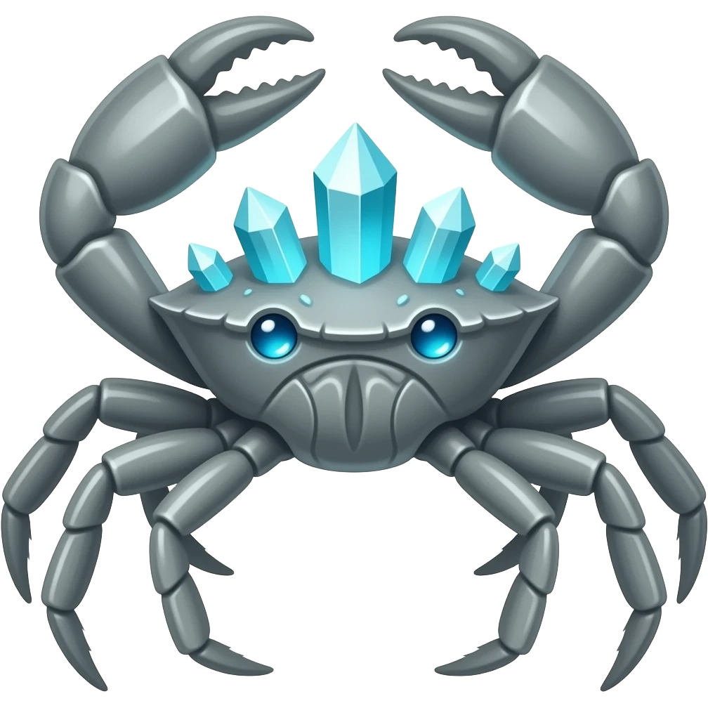 A Gray crab with crystals on its back with blue glowing eyes emoji