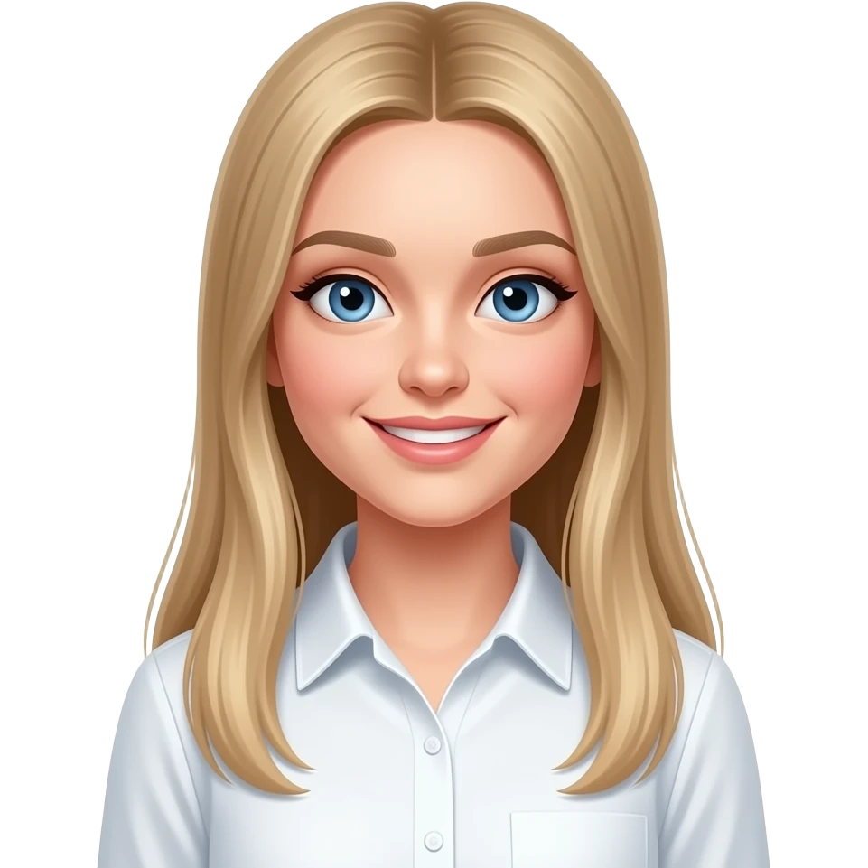 ragazza giovane russa bionda occhi azzurri capelli lisci lunghi, seno prosperoso maglietta bianca ammiccante sorriso laterale emoji