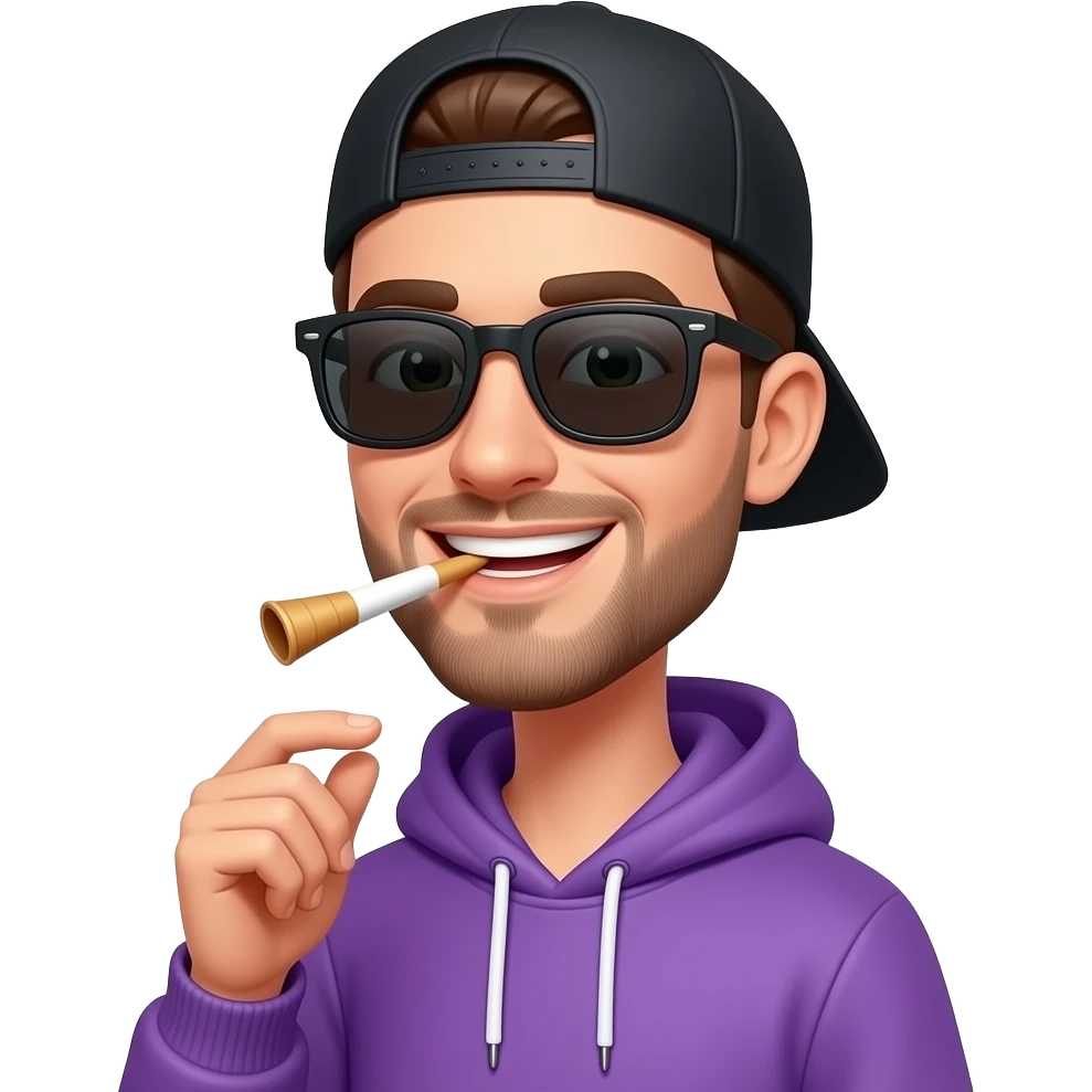 tall skinny guy with black basecap, purple hoodie, sunglasses is smoking a cone and smiles emoji
