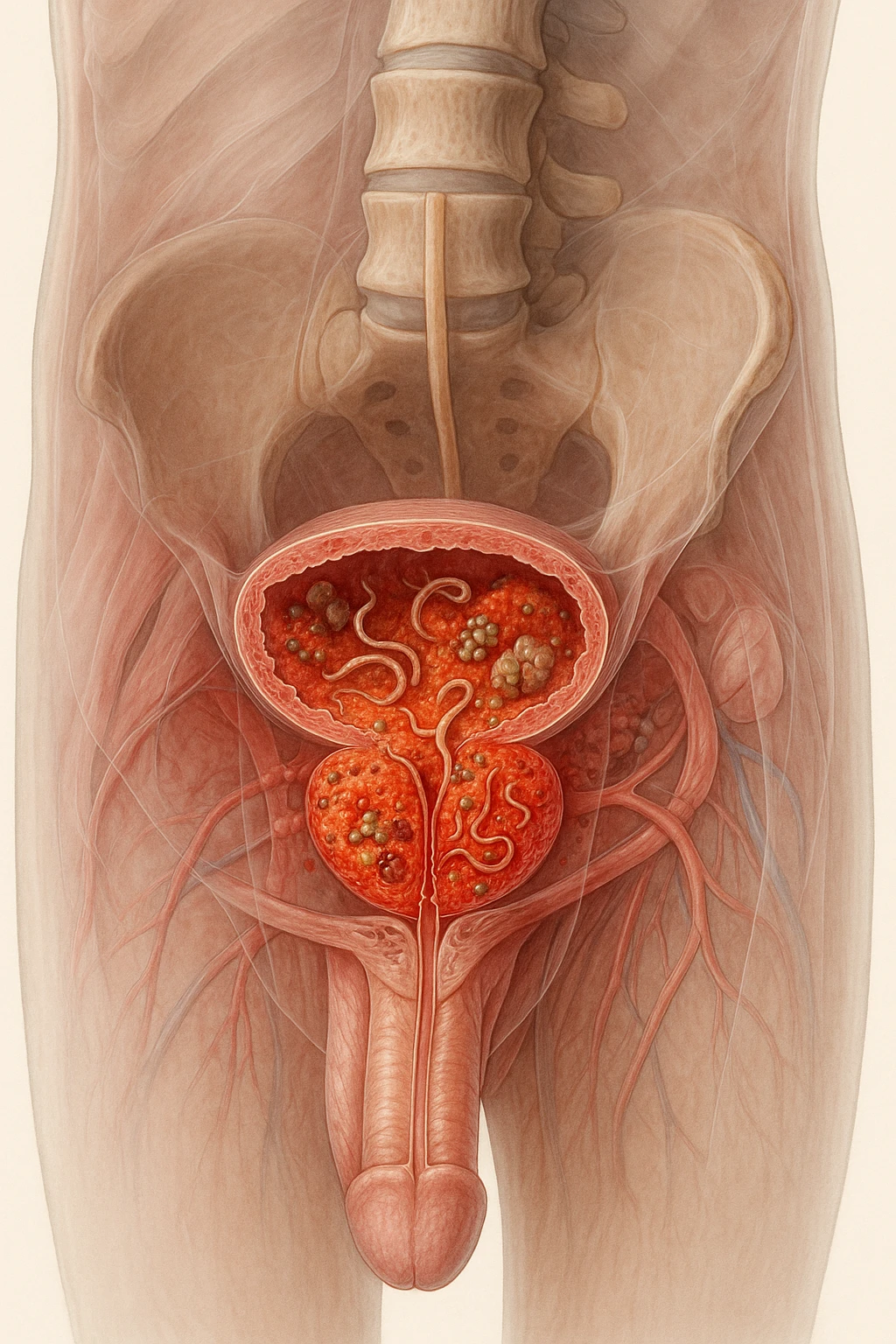 Vertical, hyper-realistic 3D cutaway illustration: the human body is shown in semi-transparent layers, exposing various types of problemi alla prostata a causa dei parassiti emoji