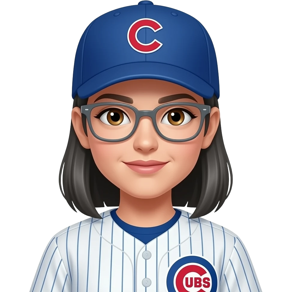 Female, brown eyes, dark gray pepper color hair, gray glasses, cubs cap and uniform emoji