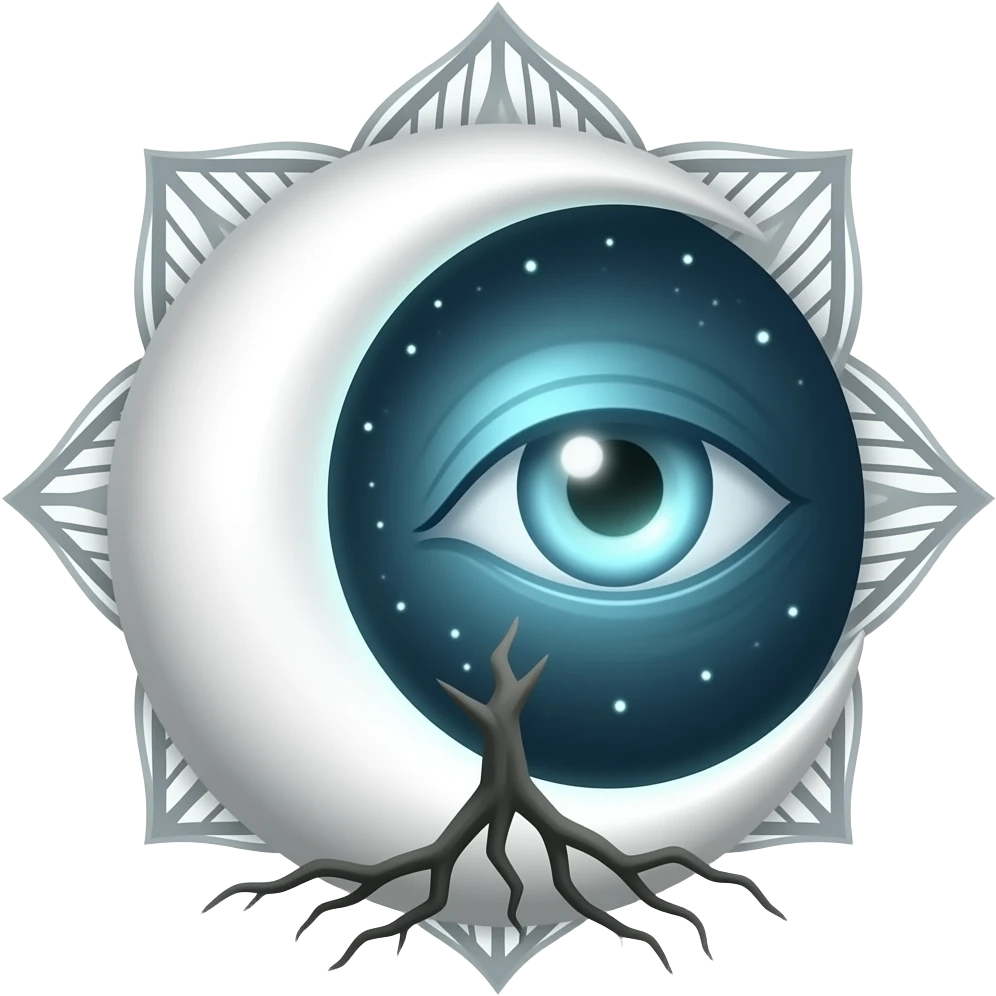 Moon & Third Eye Symbol: Crescent moon with a single glowing eye centered in the curve, framed by a subtle lotus-like mandala of leaves and roots. emoji