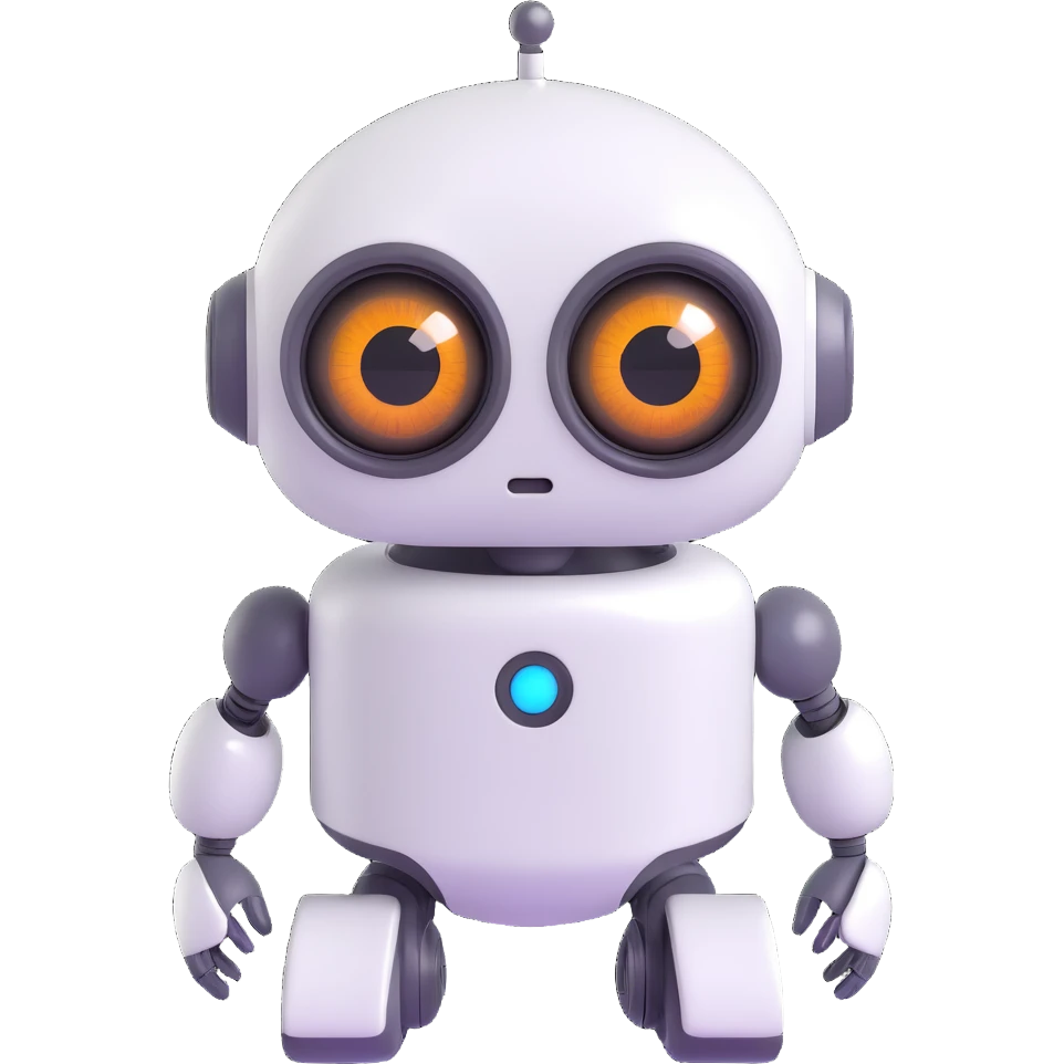 Friendly robot with big expressive eyes — round head, glossy finish, slightly clumsy but charming, cute (think Wall-E meets Baymax). emoji