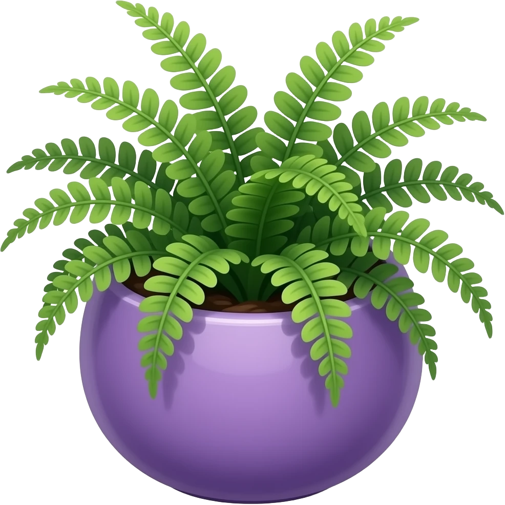 Create an elegant and decorative circular ceramic planter. The planter has a wide mouth and a low height. It is glazed in violet and contains a Nephrolepis exaltata fern. The background is white. Illustration style: cartoon – Art Deco – 2D emoji