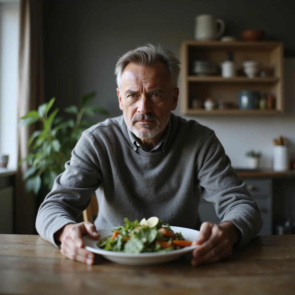 realistic 4K image of a 40-year-old man sitting at a table with a plate of salad, looking disheartened towards a scale, natural light atmosphere emoji