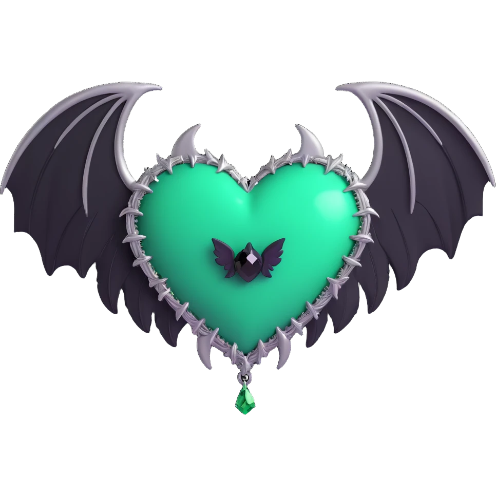 3D emoji gothic heart, emerald green crystal texture, silver bat wings, feather accents, lush and gothic style emoji