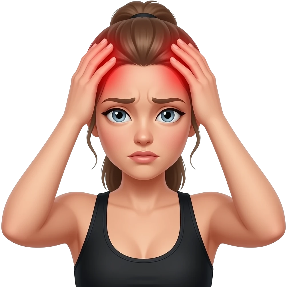 head pain, red glow on head, woman holding her head, fair-skinned woman, gray-blue eyes, ash brown brows, ash light brown hair tied back, slim athletic body, black workout set emoji