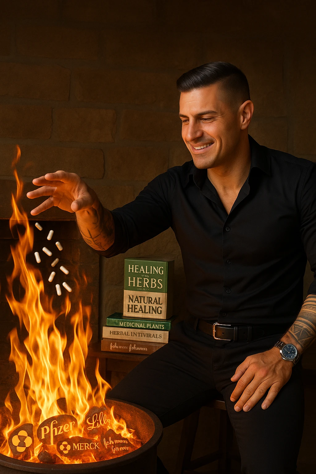 "Enlightened man throwing antidepressant pills into fireplace, flames consuming what he sees as chemical poison, expression of liberation from psychiatric medication, Big Pharma logos melting in the fire, natural healing books spread on table behind him, pharmaceutical slavery being broken through pill destruction, mental clarity returning as drugs burn" emoji