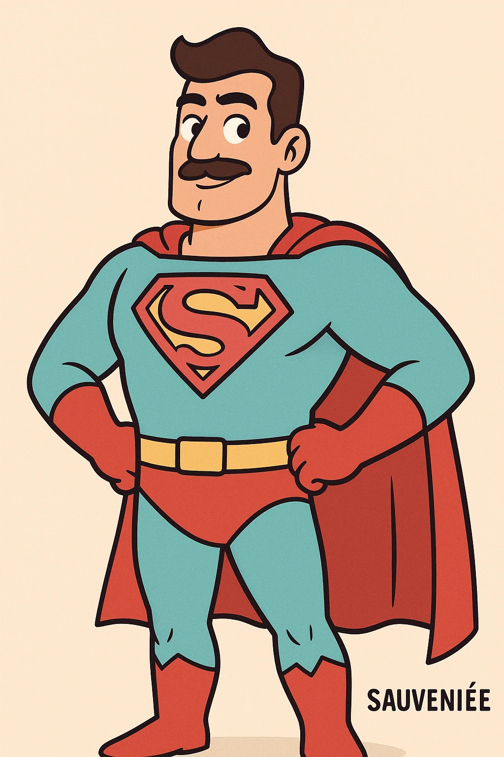 cartoon character wearing superhero costume with large S on chest, bright colors, inspired by Superman logo, representing Sauvenière emoji