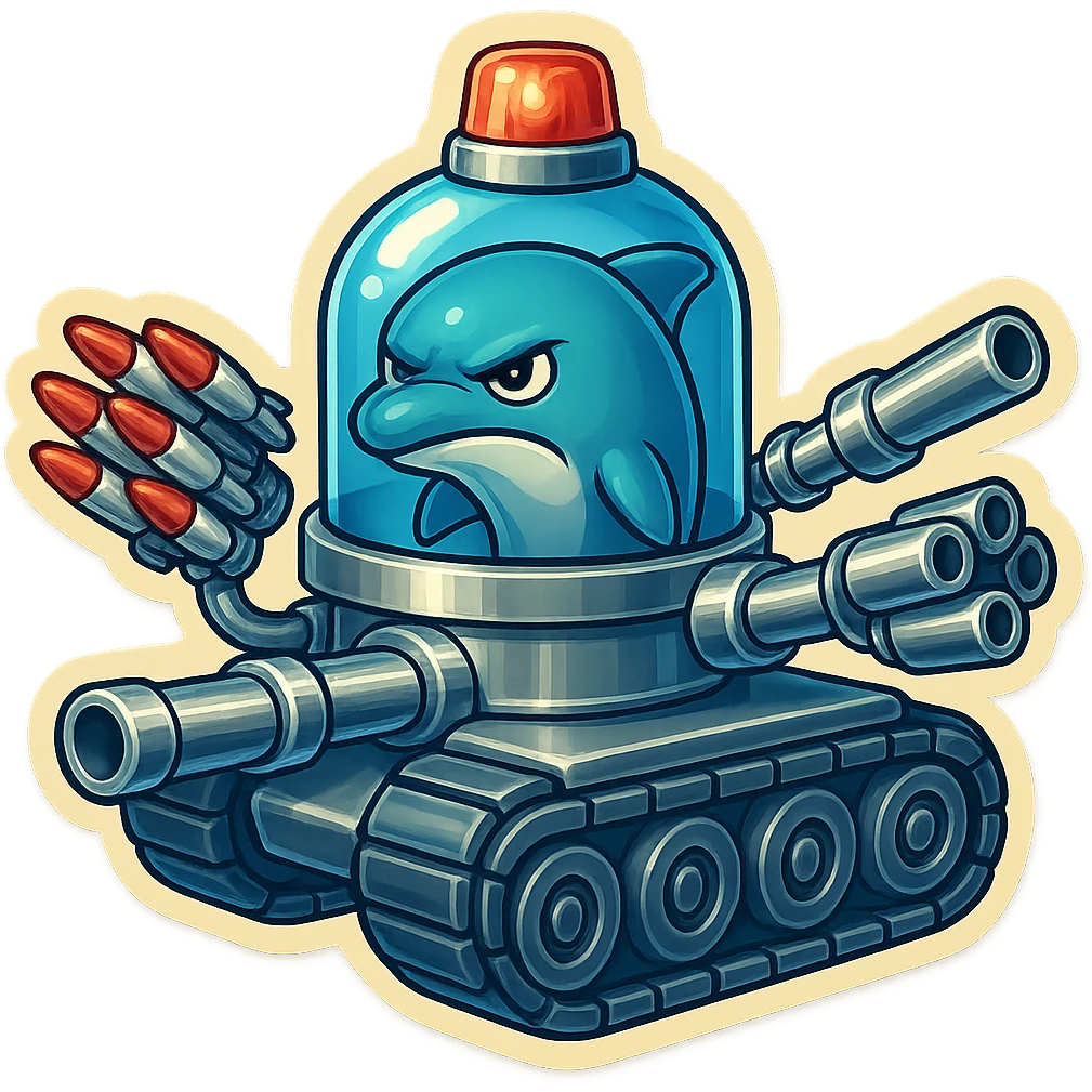 An angry-looking dolphin inside a water tank mounted on tank treads, with a lighter shiny metallic look. The water in the tank is blue. The tank features more forward-facing missiles and large guns, and a rotating police light on top. Rendered in retro sticker style with no border. emoji