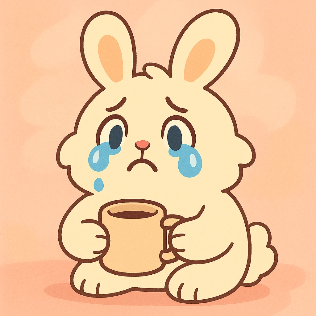 fluffy cream bunny with teardrop eyes holding a coffee mug, cozy soft background, pastel toon style emoji