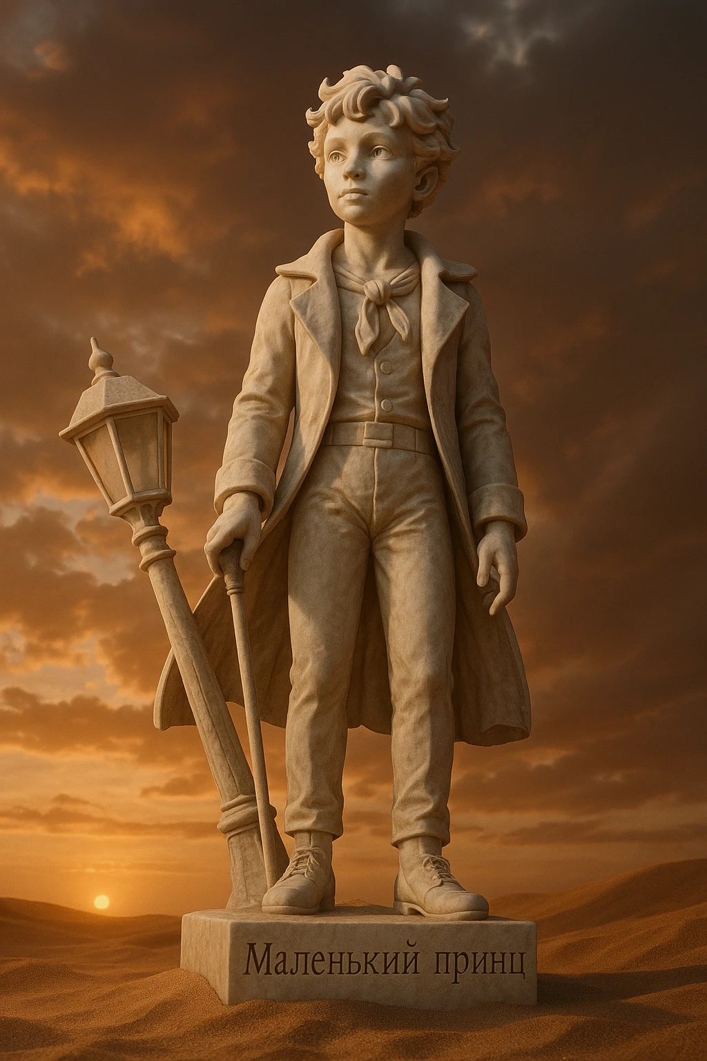 ultra-realistic full-length marble sculpture of the Little Prince standing in desert sands next to a broken lamppost, pedestal engraved with 'Маленький принц', dramatic sunset lighting, low-angle view from below, highly detailed, photorealistic emoji