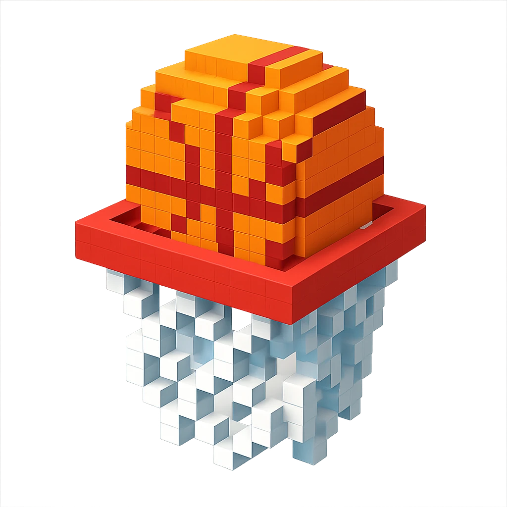 Voxel-style basketball in a net, variation 3 emoji