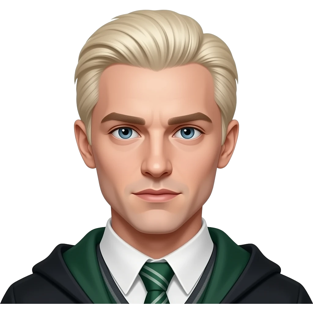 Draco Malfoy emoji, Apple style, clean 3D, soft gradients, pale blond slicked-back hair, sharp features, Slytherin green accents, minimal icon, centered, white background, high detail emoji