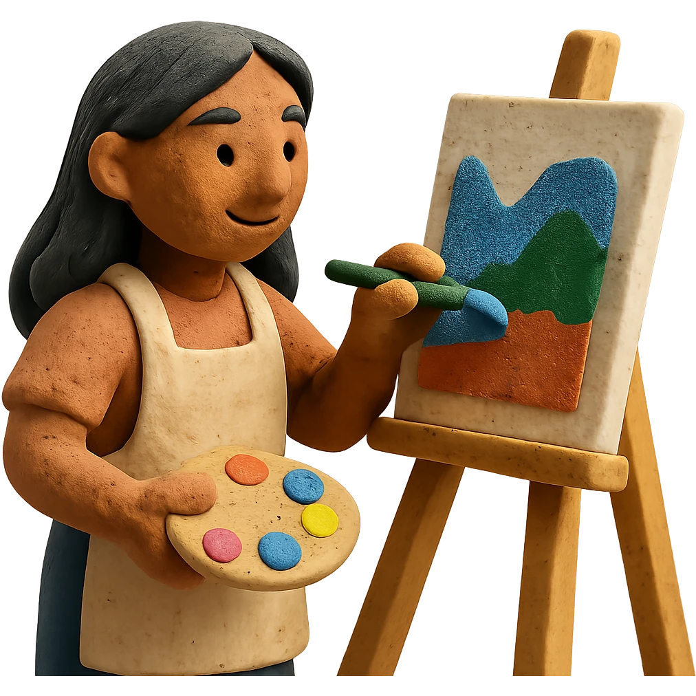 tanned woman artist with long black hair, wearing an apron, painting at an easel, holding a palette and brush, claymation style emoji