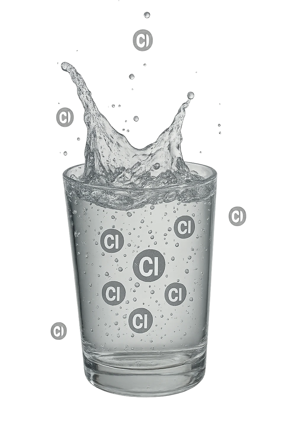 un bicchiere di acqua cade verticalmente dall'alto realistico e dettagliato, dentro l'acqua del bicchiere ci sono particelle di cloro ben visibili con la scritta "Cl" sopra, ci sono particelle anche che escono dal bicchiere e fluttuano in aria verticalmente, mentre alcune sono all'interno dell'acqua nel bicchiere, iperrealistico 4k emoji