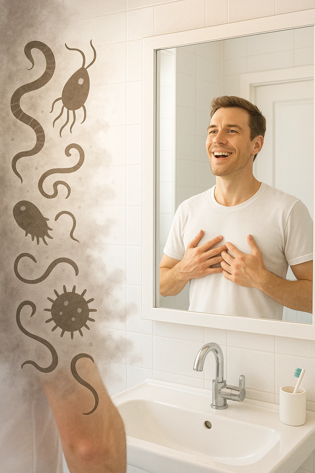 a man stands in a brightly lit bathroom, looking relieved and revitalized as he examines his reflection in the mirror. In the foreground, stylized, shadowy images of parasites (such as worms or protozoa) are shown leaving his body, dissolving into mist or fading away. His posture is upright and his expression is one of newfound energy and health. emoji