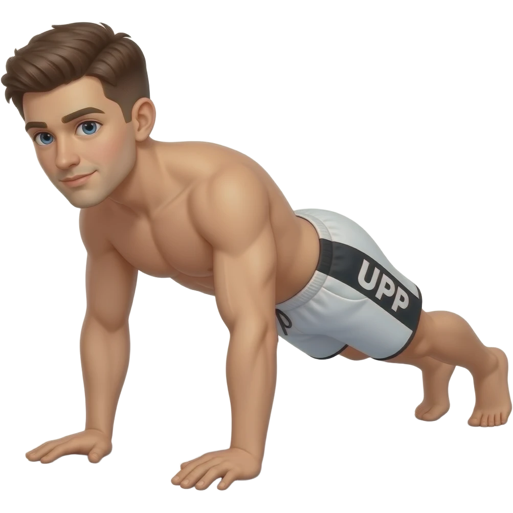 guy with brown hair with white white and black shorts that say "UPP" in white on the side doing a low plank (forearms / elbows touching the ground), arms not straight. emoji