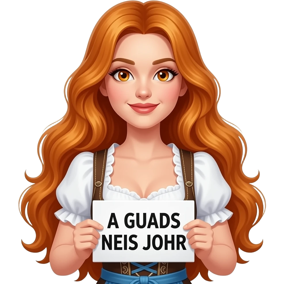 sexy girl with overlong ginger hair and ginger eyes wearing a dirndl holding a A GUADS NEIS JOHR sign emoji