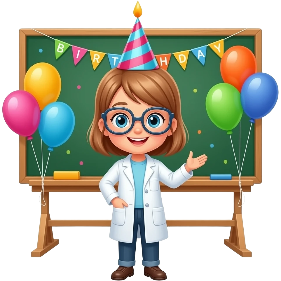 LITTLE BLOND GIRL  SCIENTIST STANDING IN FRONT OF GREEN BOARD WITH BIRTHDAY SIGN AND BIRTHDAY BALLOONSDAY BALLOONS emoji