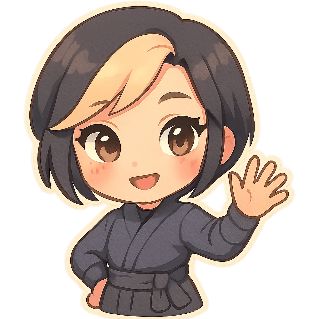 Chibi ninja girl with black short hair and a blonde streak, big head, small body and arms, not overly round or infant-like, cute and playful, anime-style face with large expressive eyes, small nose and mouth, subtle blush, hand fully raised, waving to the right, smiling, pastel colors, soft shading, clean outlines, no mask, transparent background, face looks sexy with slightly parted lips, confident gaze, longer lashes, subtle contouring. emoji