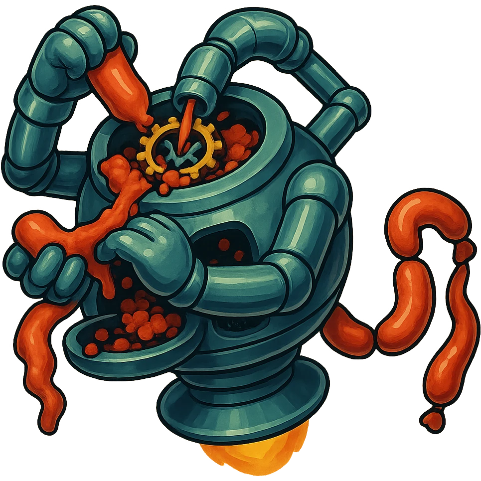 hovering robot. stuffs material into large hole on its top with 2 arms. no neck or head. large hole is where neck and head would be. spinning gears and blades in hole grind red chunks. sausage links come our of hole on backside.  3/4 view. between realism and cartoon. well lit. no dramatic lighting. metallic shiny robot. works diligently. dark humor emoji