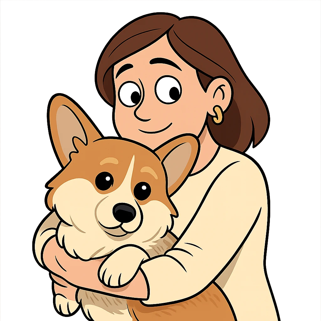 Create an image in a cartoon style similar to the previous one, showing a woman with brown hair and golden ring earrings hugging a corgi dog. The background should be transparent. Use the reference photo for inspiration. emoji