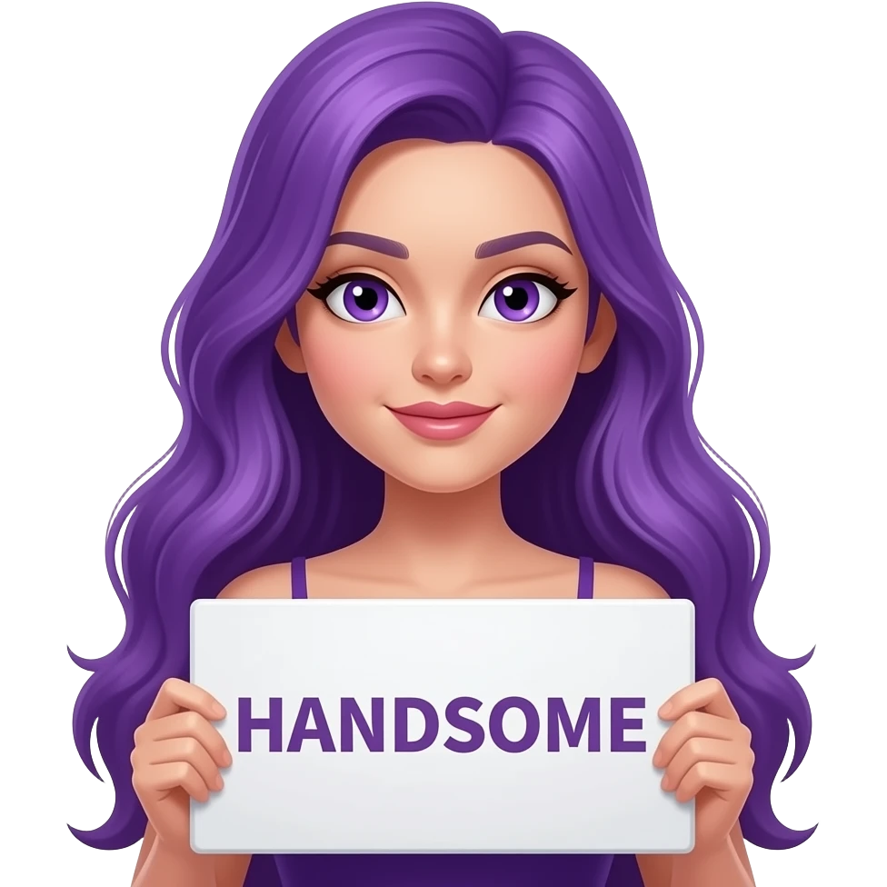 sexy girl with long purple hair and purple eyes wearing a dress holding a HANDSOME sign emoji