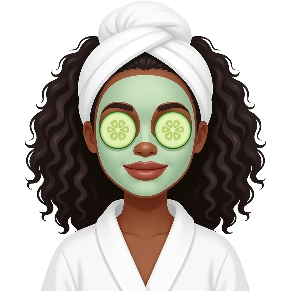 black woman with black hair in bath robe with towel on head, cucumber slices covering closed eyes, facial mask on face emoji