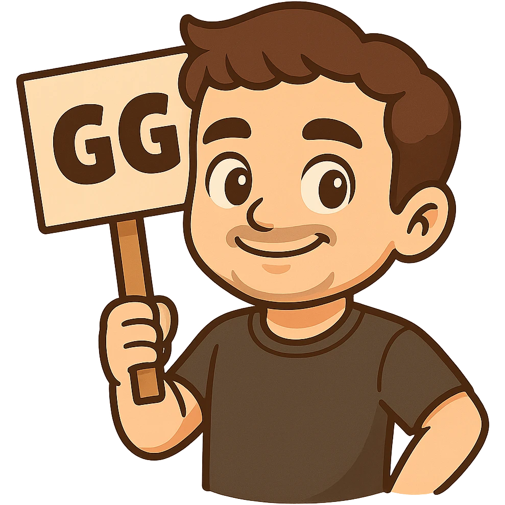 Edit the man from the first image to hold a sign that says 'GG', matching the cartoon style and pose similar to the second image. Keep the background transparent. emoji