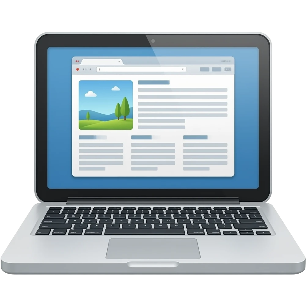 Emoji-style illustration of blogging as content creation: a laptop showing a simple social media or blog interface with text lines and a small image placeholder. Clean, minimalist design, soft shading, bright colors, rounded shapes, centered composition, transparent background. emoji