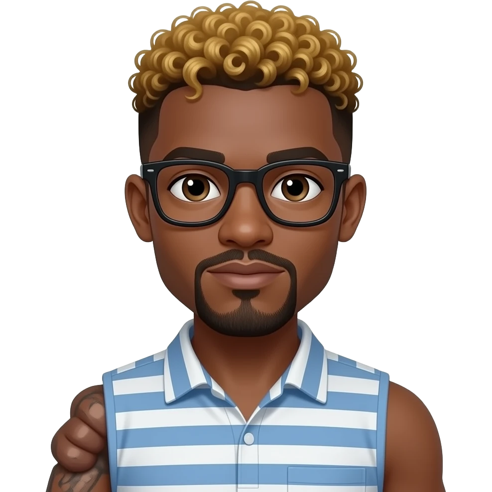 African American man with a thin black disconnect goatee with a mid top curly fade with gold dyed top hairstyle with a Symbrachydactyly left arm nub and a missing left arm wearing black glasses emoji