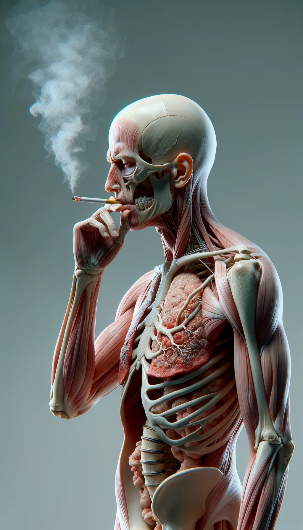 CORPO UMANO ANATOMICO CHE FUMA UNA SIGARETTA E TOSSISCE, NEUTRAL CLEAR BACKGROUND, iperrealistico 4k emoji
