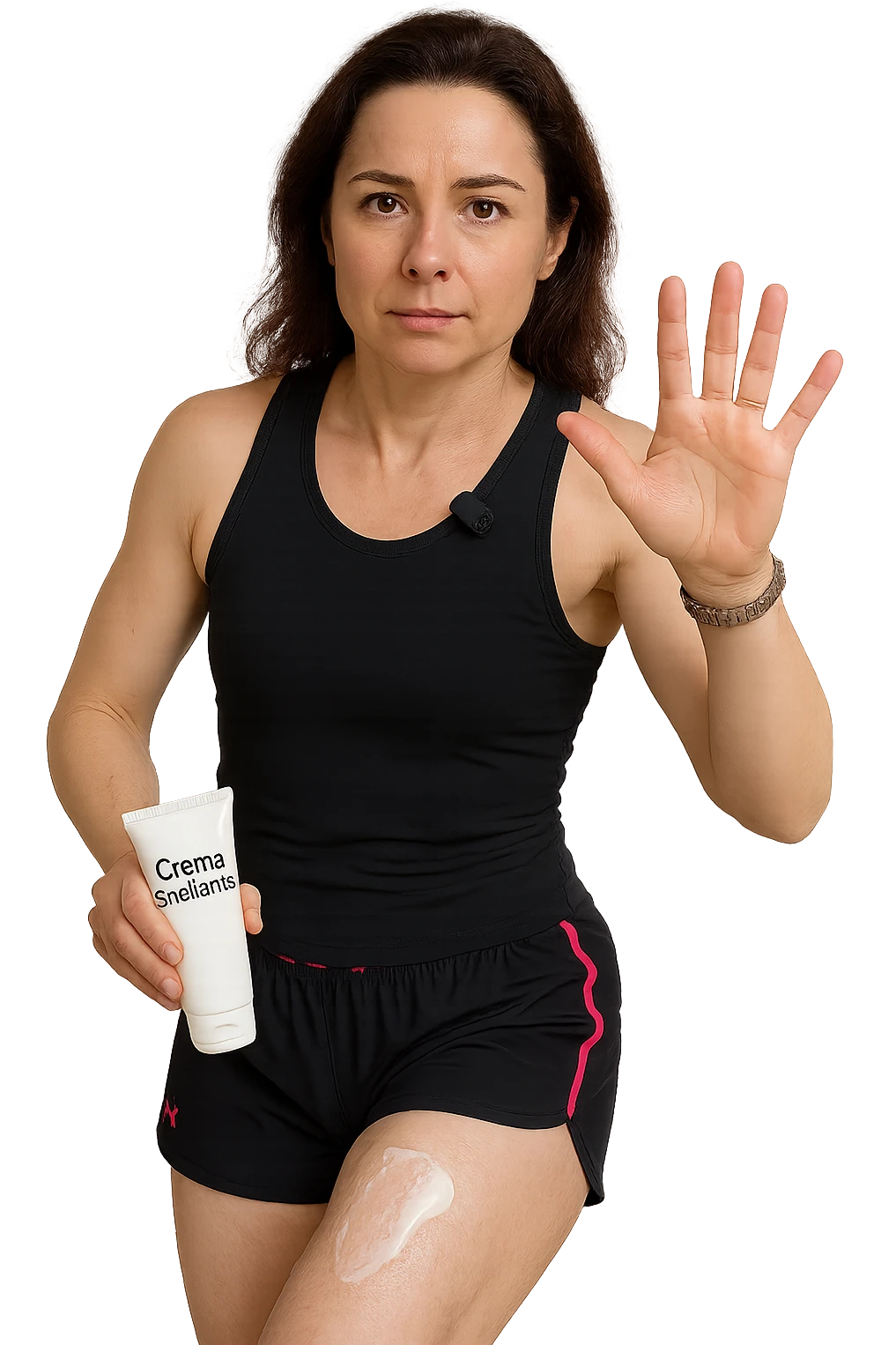 Donna con cellulite sulle cosce che usa una crema chiamata "Crema snellente" emoji