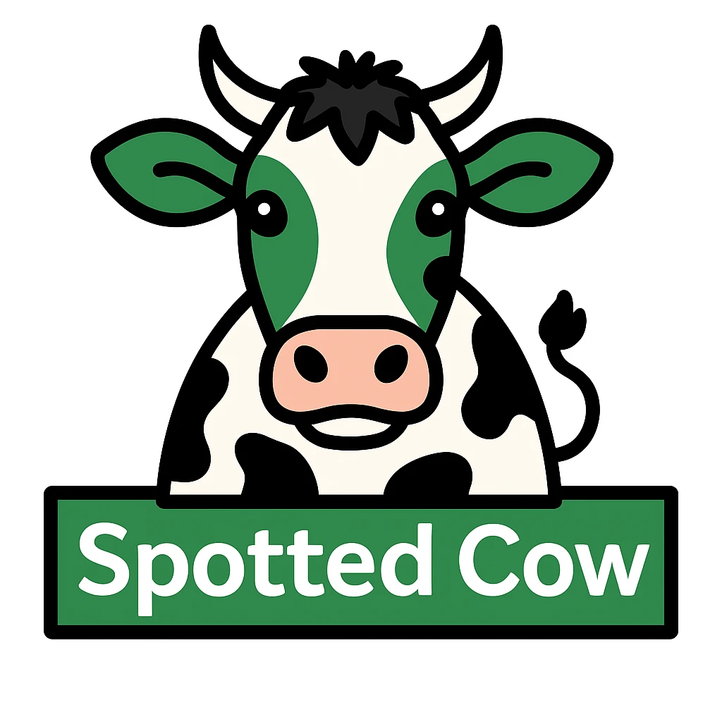 Change the cow on the New Glarus Spotted Cow beer label to black and white, keep the green and white color scheme and 'Spotted Cow' text, no background. emoji