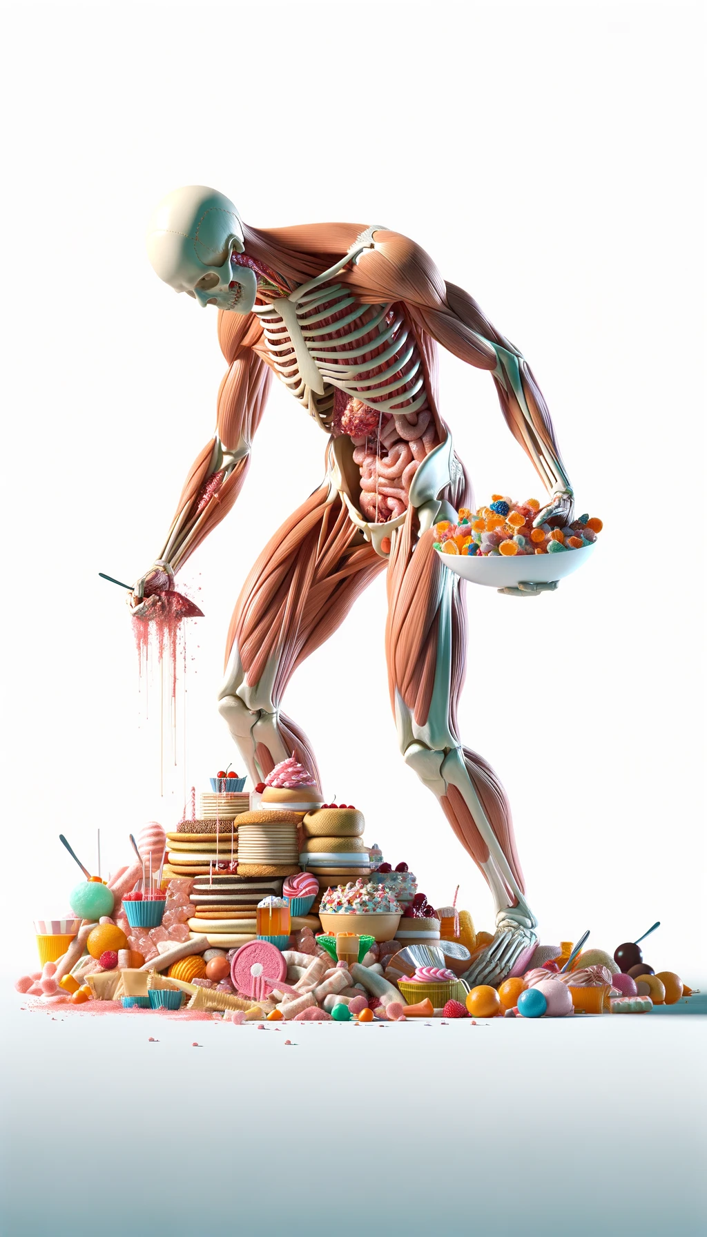 corpo umano anatomico in piedi a figura intera che si abbuffa di dolci e zuccheri, iperrealistico 4k, isolato su sfondo bianco emoji