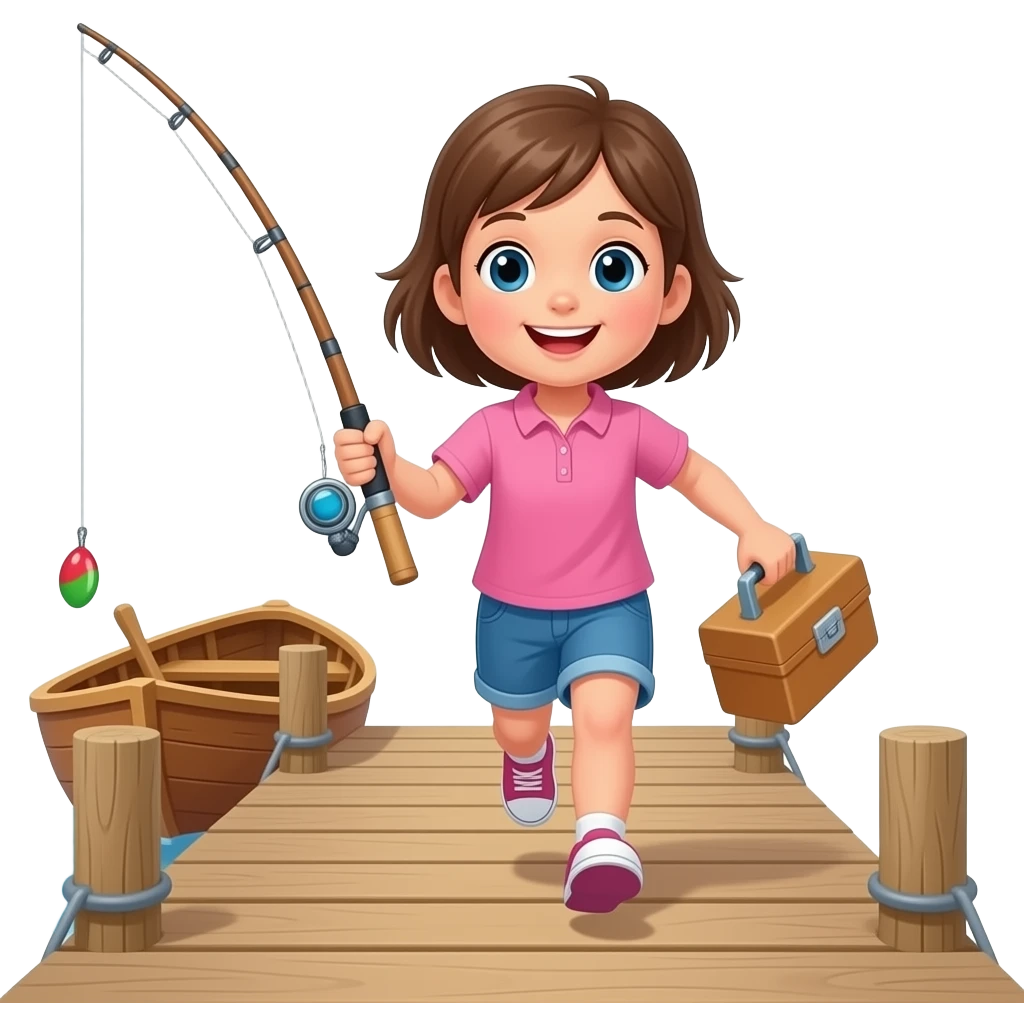 little girl in a pink shirt running to the boat dock with a fishing pole and tackle box emoji