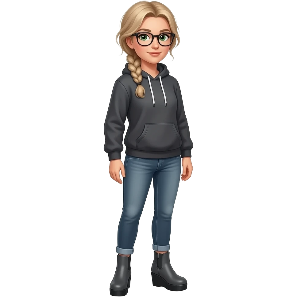 girl in her 30s, dirty blonde hair, messy low side braid, green eyes with glasses dark grey hoodie, gunmetal gray fitted jeans, charcoal color platform wedge bootie emoji