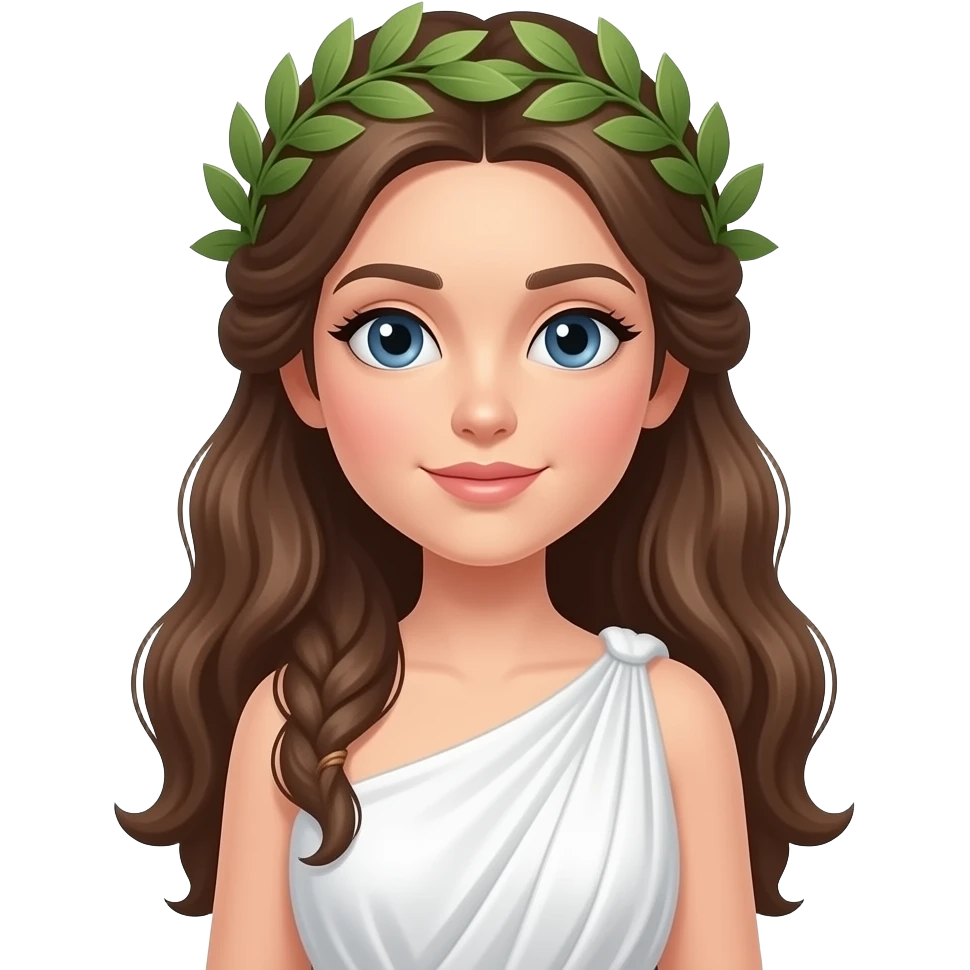 mujer grecia antigua blanca cabello café largo, corona de laurel, cuerpo completo emoji